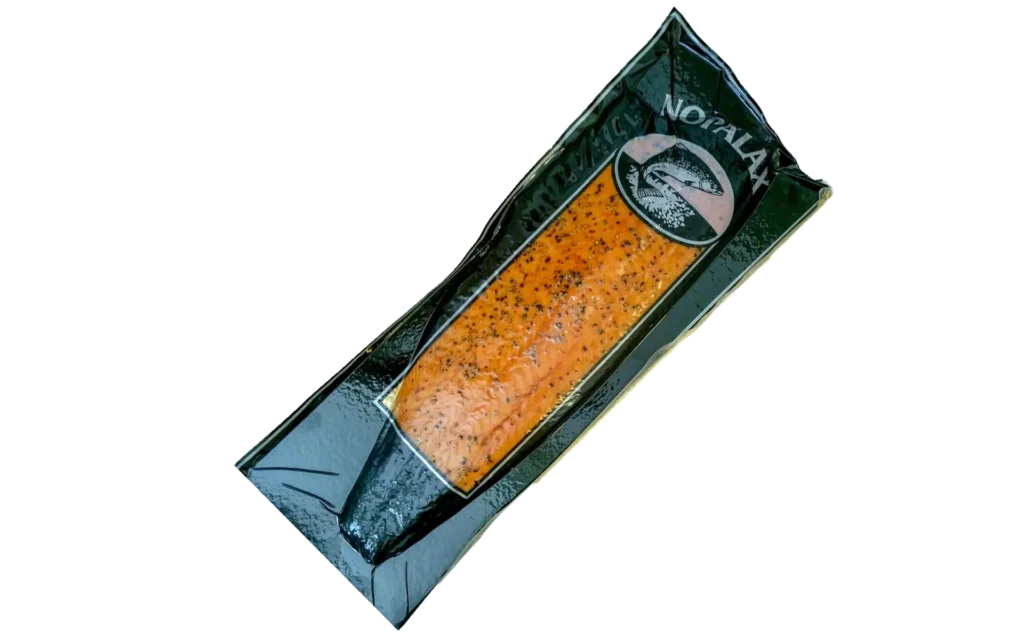 Hot smoked salmon with peber, Nopalax, dry salted, vacuum packed